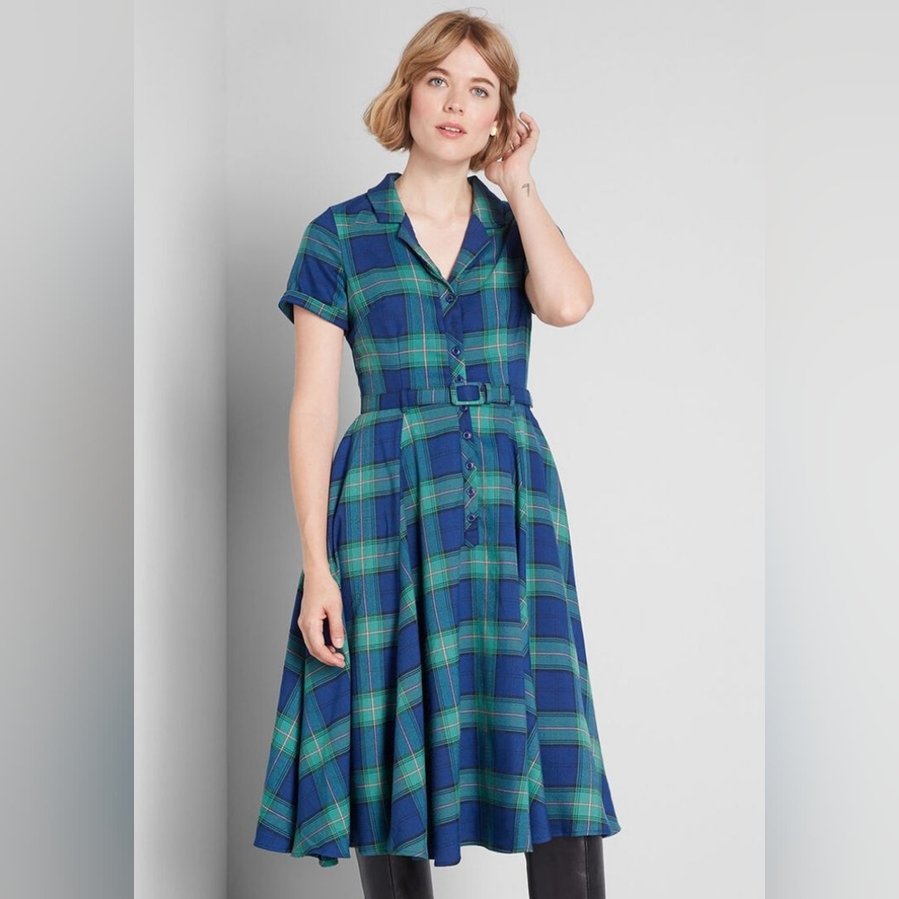 Modcloth X Collectif Caterina/Cherished Era Green Plaid Dress
